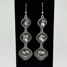 Long Dangle Drop Vintage Earrings W/ Smoke Gray Glass Rhinestones