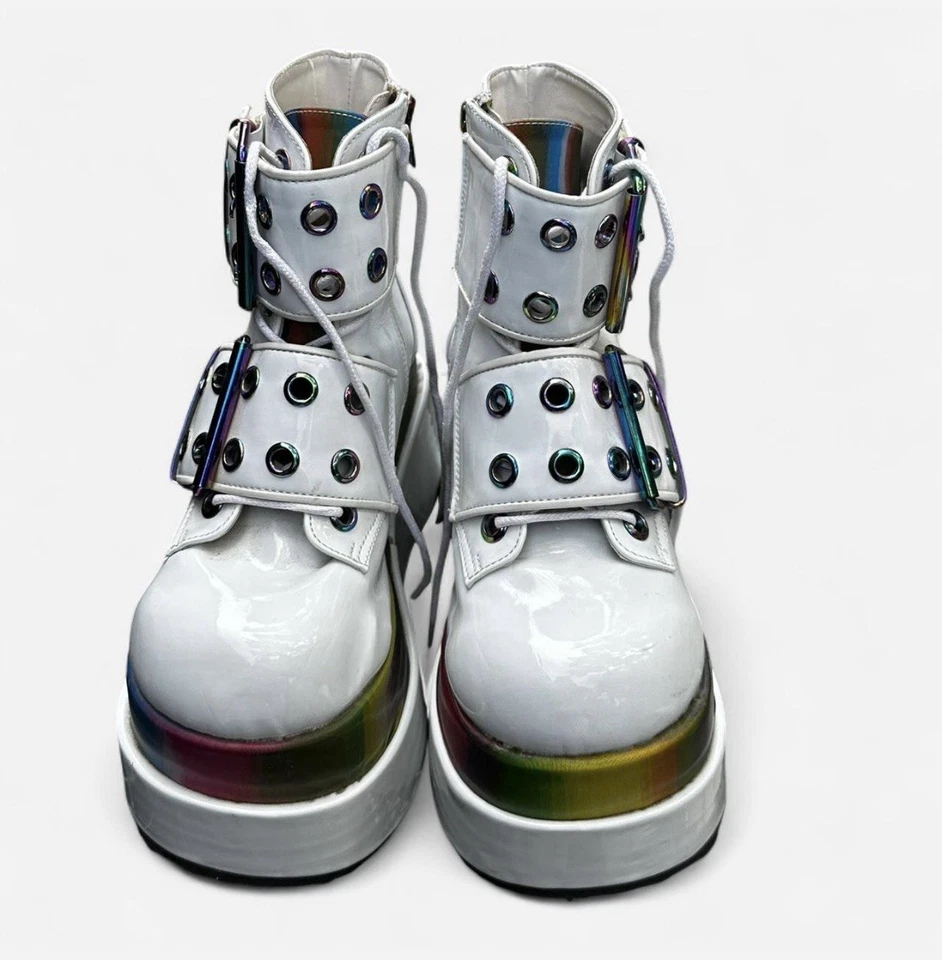 White Demonia Platform Holographic Rainbow Boots – Size 9 - Image 2 of 4