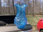 Gorgeous Vintage Fenton Ice Blue Carnival Glass Poppy Show Vase