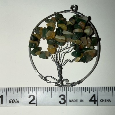 Handcrafted Wire Wrapped Tree of Life Round Pendant, Green Yellow Stone Charm