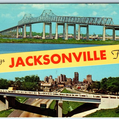 1961 Jacksonville, FL Greetings John E Mathews Bridge Downtown Skyline PC A238