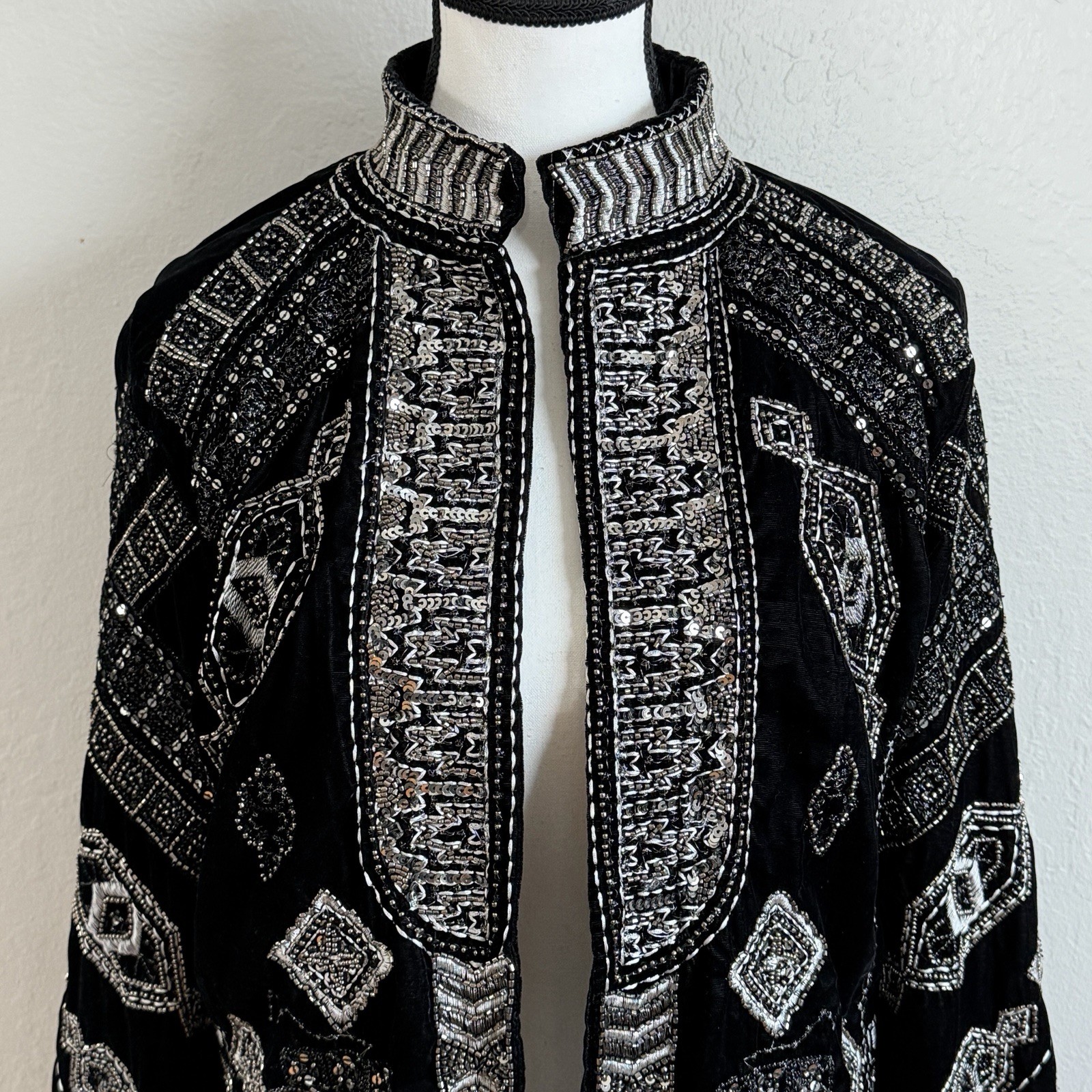 Beaded Velvet Statement Jacket Silver Geometric S… - image 1
