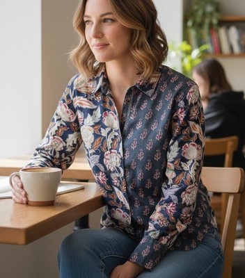 CINO Art Nouveau Floral Blocked Button Down Cotton Navy Blue Blouse PL