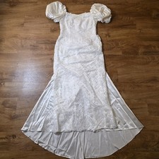Vintage Late 80s White  Ivory Lace Puff Sleeve Wedding Dress - Sz P 13/14