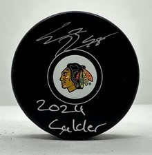 Connor Bedard Autographed Chicago Blackhawks Hockey Puck 2024 Calder ! Fanatics