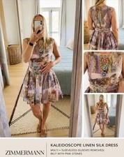 ZIMMERMANN Kaleidoscope Linen Silk Dress 0 Sleeveless Tailored Belted RRP $1800+