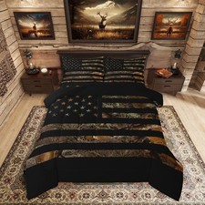 Flag Camo Comforter Set Queen,Military Hunting Bedding Set Rustic Trees Leave...