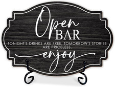 4''X6'' Rustic Open Bar Wooden Sign with Metal Stand - Black Wooden Plaque Table