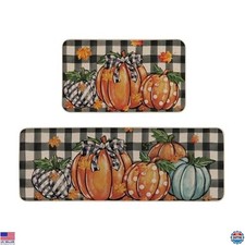 Pumpkin Buffalo Plaid Fall Kitchen Rugs Set of 2, Autumn Harvest Thanksgiving