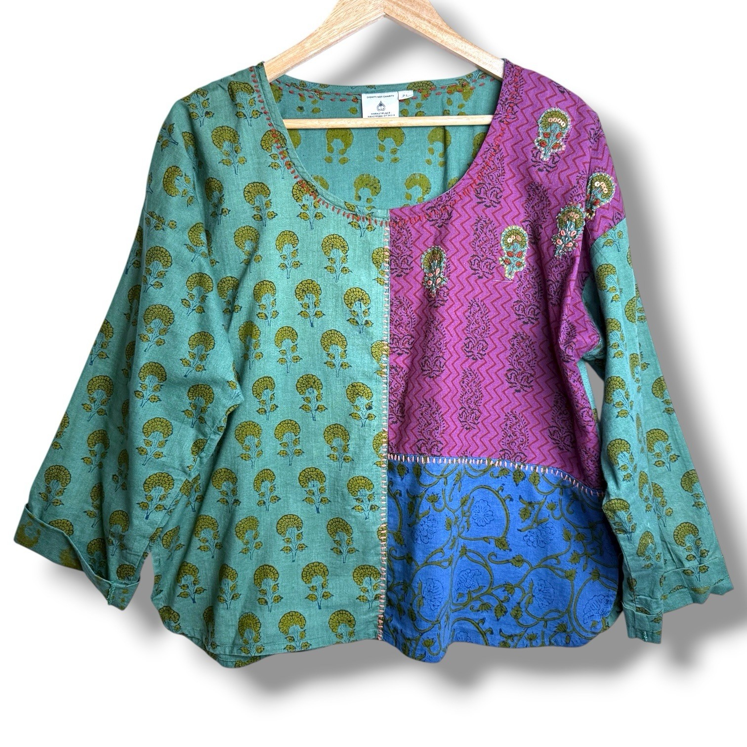 Patchwork Block Print Tunic Womens PL Artisan Hip… - image 1
