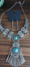 Turquoise Chunky Statement Tassel Necklace Earrings Set Boho Tribal Southwestern