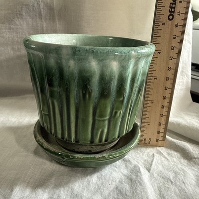 McCoy 0373 Planter/Flowerpot Pottery Green Bamboo w/ Saucer