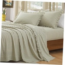 4 Pieces Plaid Ruffle Size Sheets Set, Cotton Gingham King Sage Green Plaid