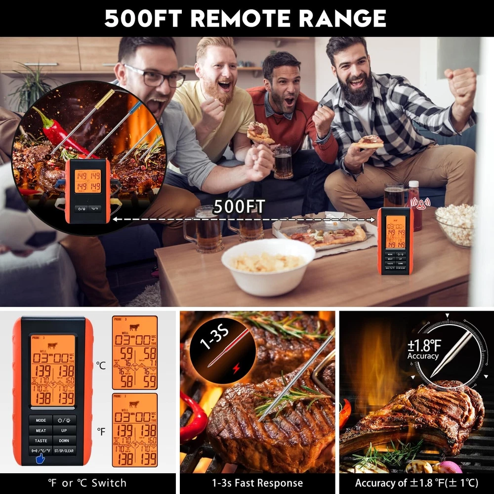 Wireless Meat Thermometer for Grilling and Smoking, Food Thermometer for BBQ ...