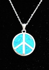 STERLING SILVER 925 BLUE OPAL PEACE SIGN ROUND PENDANT CHARM,ROLO CHAIN NECKLACE