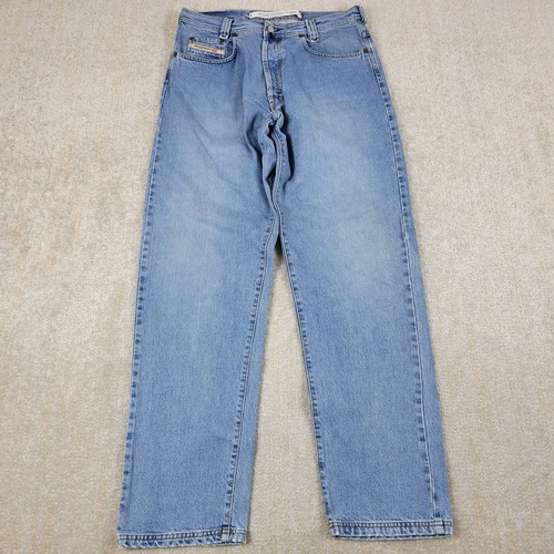Diesel Jeans Mens 36x34 Blue Straight Leg Button Fly Distressed Denim Pant Italy