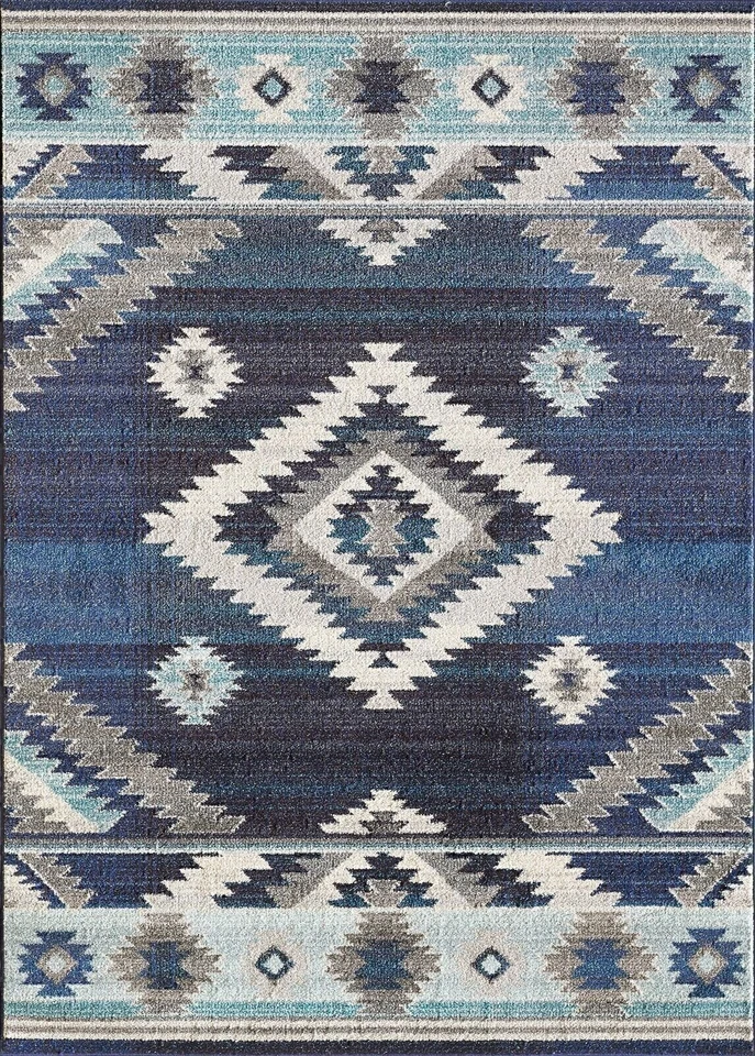 Southwestern Native American Modern/Faded Area Rug -Navy/Gray/Aqua - Image 2 of 4