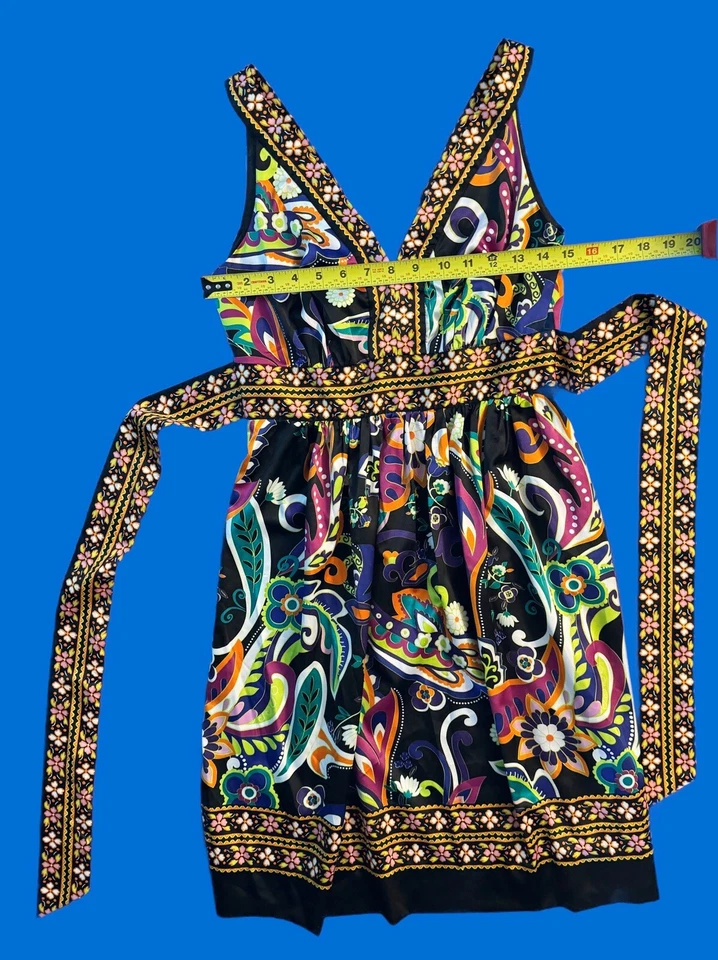 Mini Vestido de Verano de Seda eci New York Sin Mangas Geométrico Floral Talla 4 Corbata Cintura Foto 3 de 4