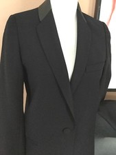 Jaeger - London" A Mod Black / Leather Collar Dressy Jacket Us 4 Wool & Mohair