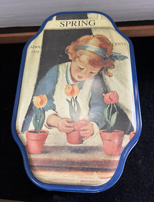 Vintage Good Housekeeping SPRING Tin Girl with Tulips Magazine Advertising Metal