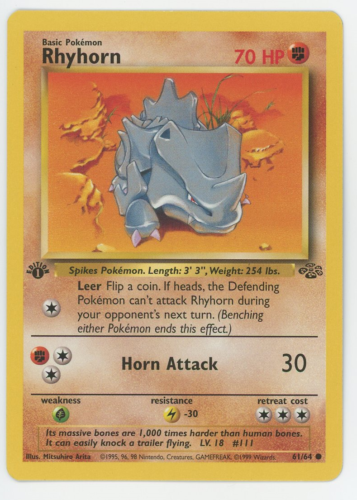Rhyhorn 61/64 1st Edition NM LP MP HP DMG Common Jungle Set Pokemon 1999 Card - Picture 1 of 7