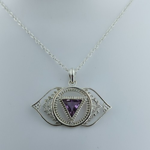 Natural Amethyst 925 Sterling Silver Ajna Chakra Pendant Chain Necklace - Picture 9 of 10