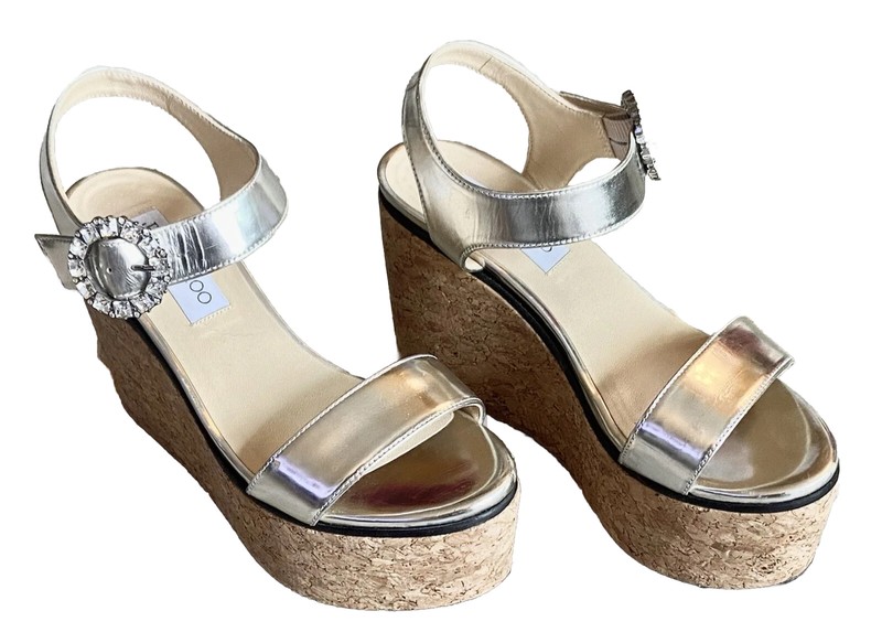 JIMMY CHOO⚡36EU/6US ”Nylah” Metallic silver cork platform crystal buckle sandal