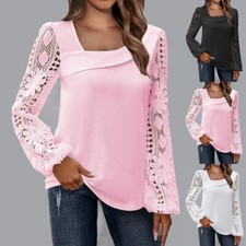 Women Solid Hollow Lace Long Sleeve Jumper Tops Pullover T-Shirt Casual Blouse