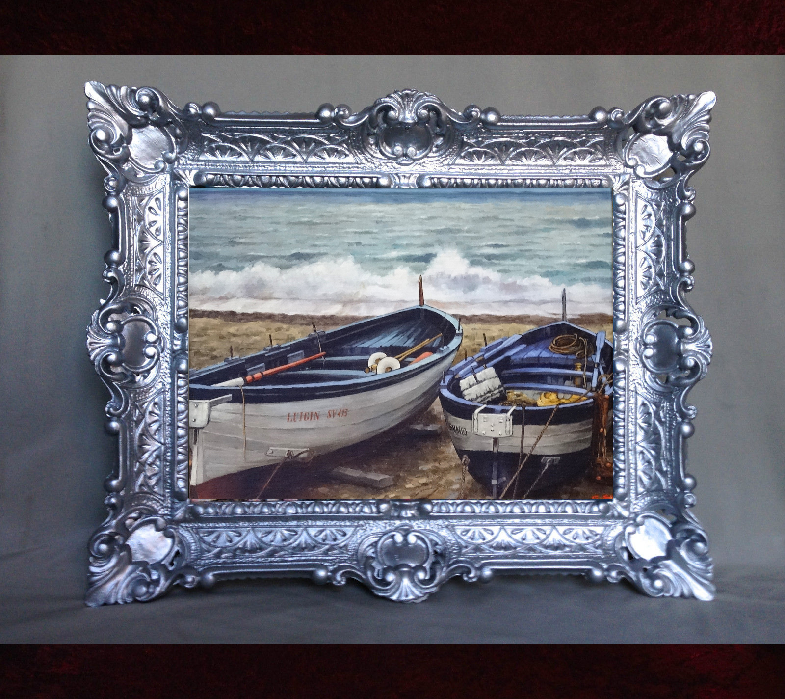 Tableau Baroque Bateaux Et Plage - Reproduction Encadrée 56x46 Cm Style Ancien