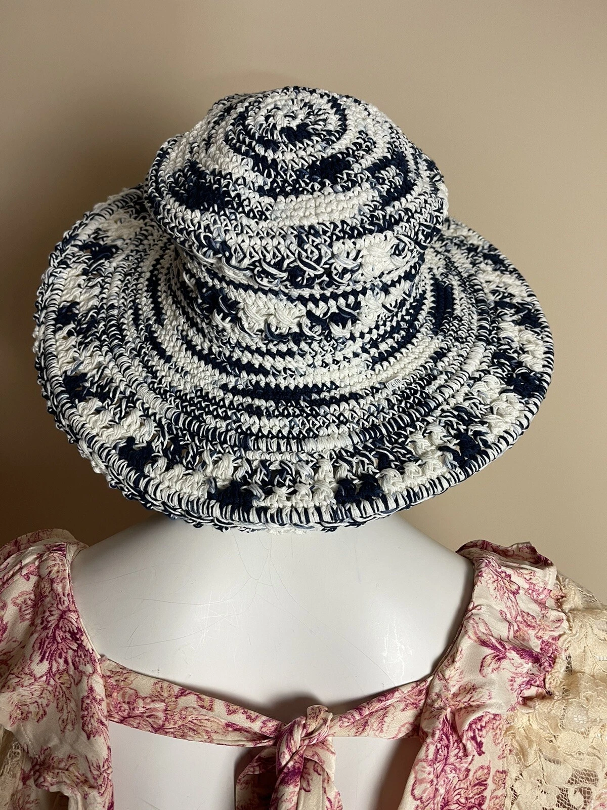 Free People LUSANA Blue + White Boca Wide Brim Slouch Hat NWOT $78