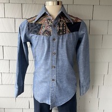 80s Vintage Impulse Blue Long Sleeve Mens Western Shirt with Patchwork Yoke L