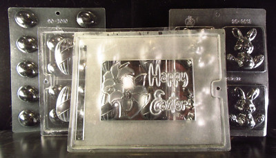 4 Plastic Easter Chocolate Candy Molds Life of the Party, CK Bunny, Egg, Floral