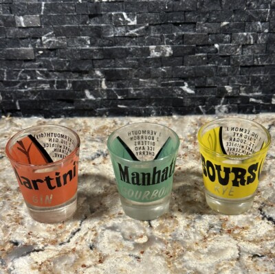 Vintage Shot Glass Set Retro Barware Recipes Martini Manhattan Sours Rye MCM