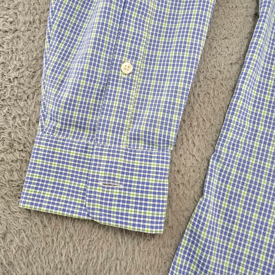 Camisa de vestir Kirkland Signature para hombre grande 15,5 33 azul verde a cuadros ajuste a medida Foto 4 de 4