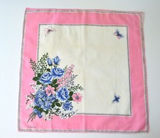 VINTAGE HANKY 1950s FLORAL PRINT PINKS BLUES BOUQUET BUTTERFLIES COLETTE SIGNED