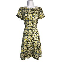 J.Crew Womens Floral Fit and Flare Short Sleeve Dress Yellow Black E4927 Size 2