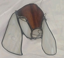 Vintage Handmade Stained Glass Sun Catcher Dog Face White Opalescent 5"x5" RARE