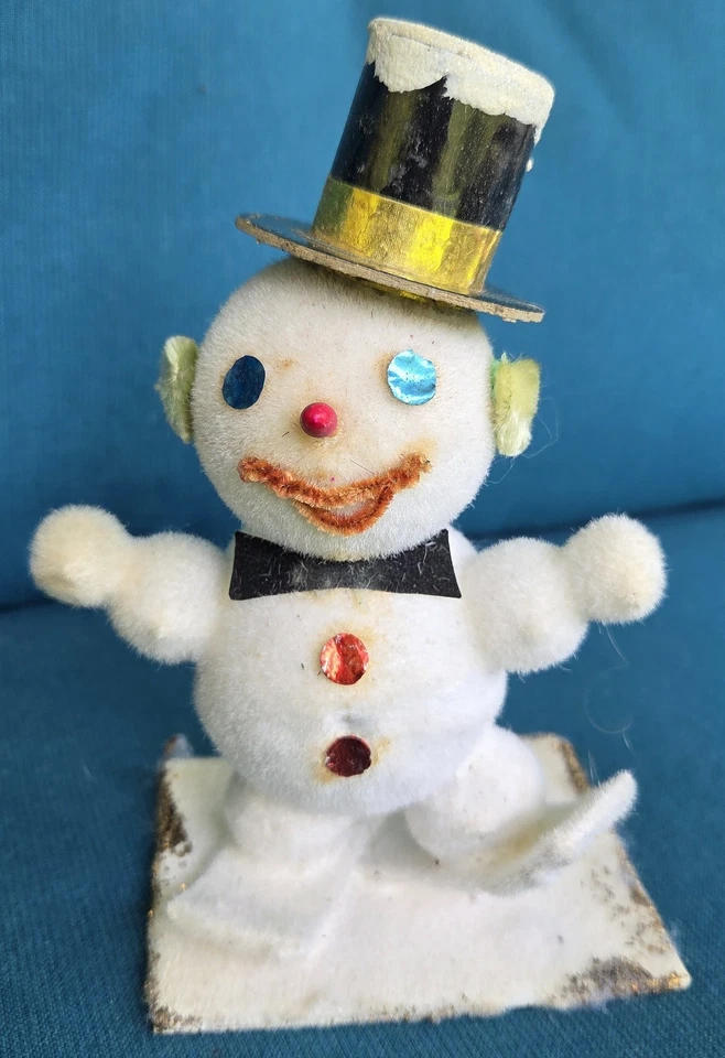 Raro Antigo Boneco de Neve Gelado Boneco de Natal Esquiador Papel de Feltro IOB Mica Top Hat CCCC - Imagem 2 de 4