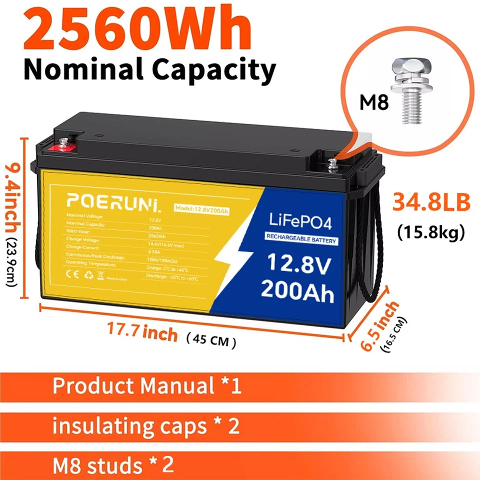 POERUNI 12V 200Ah Lithium LiFePO4 Battery 2560Wh Built-in BMS Deep Cycle Marine RV Solar