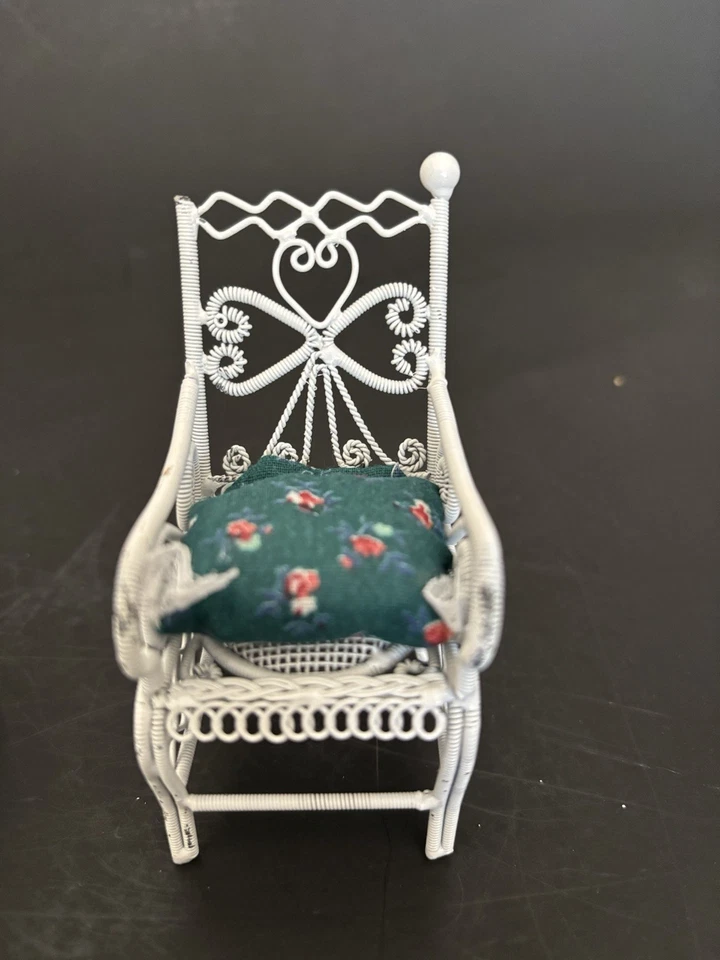 White Wire Wicker Dollhouse Furniture 4pc Set Vintage Patio Chairs, Sofa & Table - Image 2 of 4