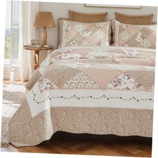 Queen Size Quilt Set Cotton Patchwork Quilts Country Floral Bedding Blush Pink