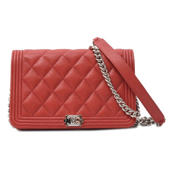 Chanel Boy Red Caviar Leather Chain Shoulder Bag Wallet #030