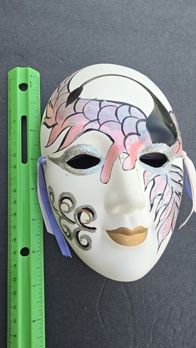 Vintage Venetian Carnival Mask Hand Painted Pink Glitter Ribbons Wall Decor Art - Picture 5 of 5