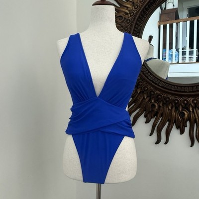 Cupshe Women Medium Royal Blue Deep V One Piece Swimsuit Tummy Contour High Cut