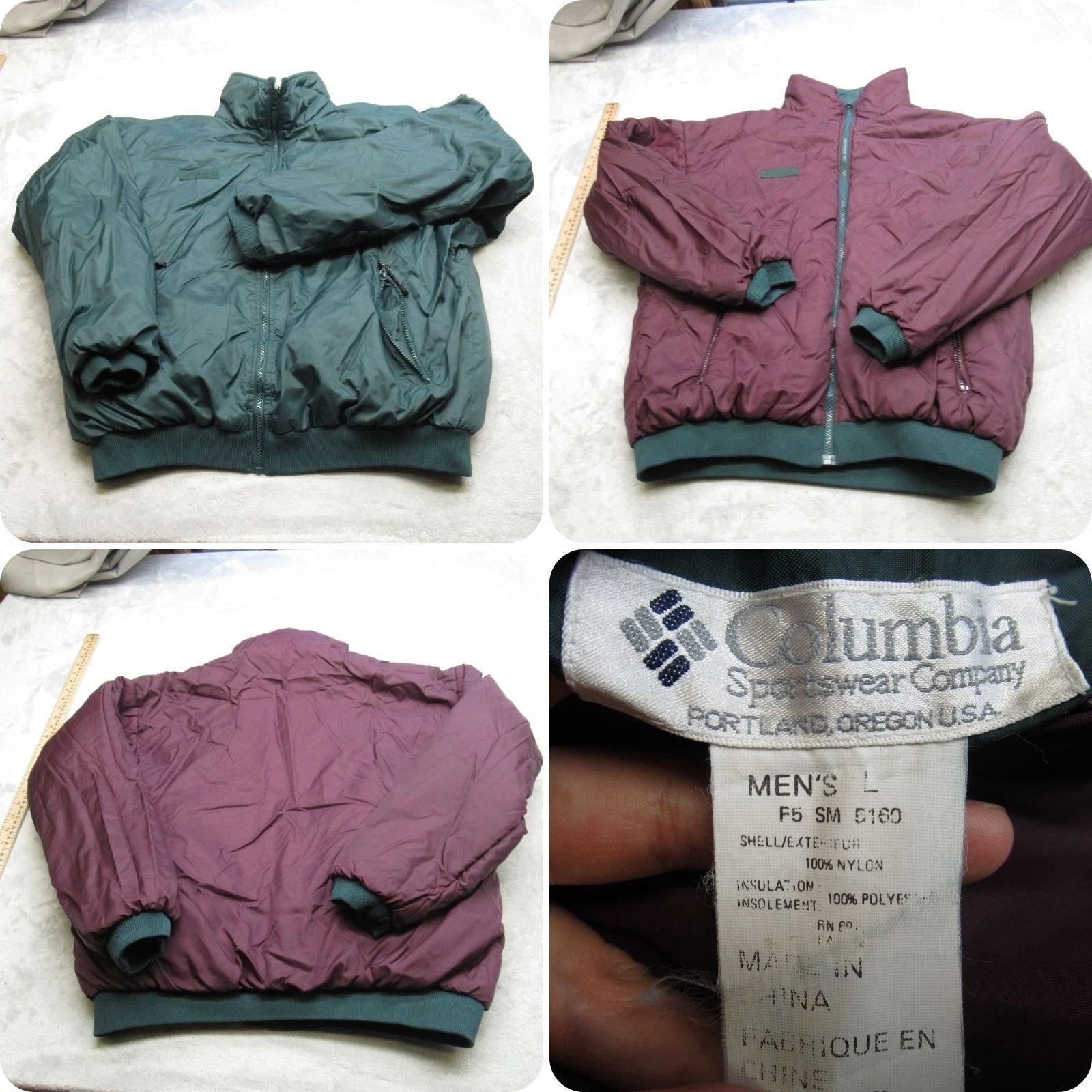 Columbia Jacket Men Large Green Maroon Reversible Insulated Full Zip Puffer VTG