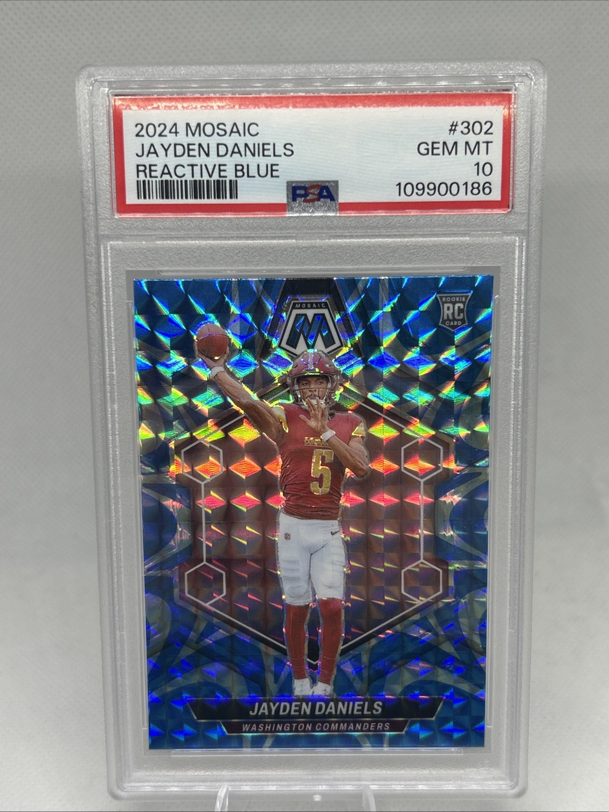 Panini 2024 Mosaic Rookies Jayden Daniels RC #302 Reactive Blue PSA 10 view 1