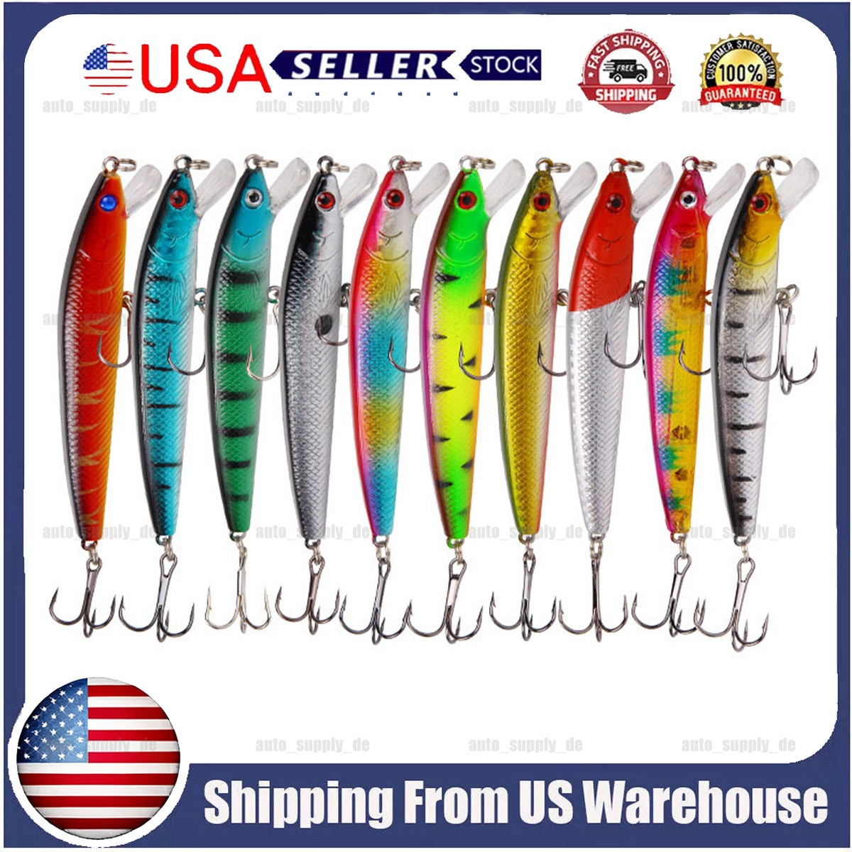 10pc Fishing Lures Minnow baits Jerkbait Crankbaits Lot Hooks Baits Bass Tackle