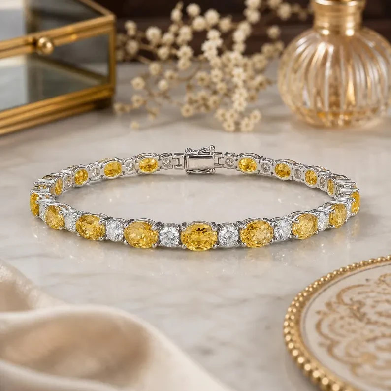Oval Cut 12.00Ct Natural Yellow Sapphire &Diamond Tennis Bracelet 14K White Gold