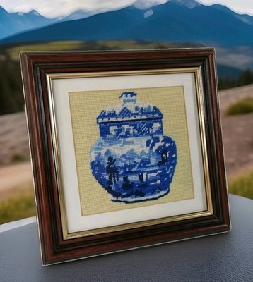 Blau weiß Ingwer Glas Nadelspitze Wohndeko gerahmter Wandteppich Kunstwerk - Unikat 