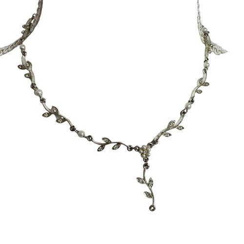 Silver Tone Rhinestone Leaf Necklace Costume Jewelry